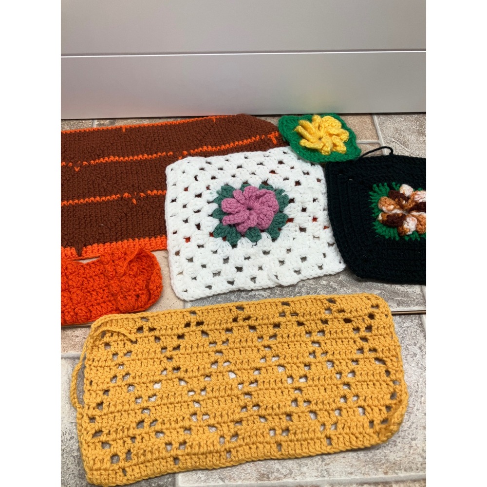 Handmade Vintage Crochet Granny Square Bundle Floral Boho Craft Lot 6pc Multi